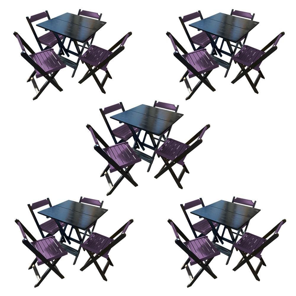 Kit 4 Mesas de Madeira Dobrável Preto 70x70 com 4 Cadeiras Dobráveis Roxo