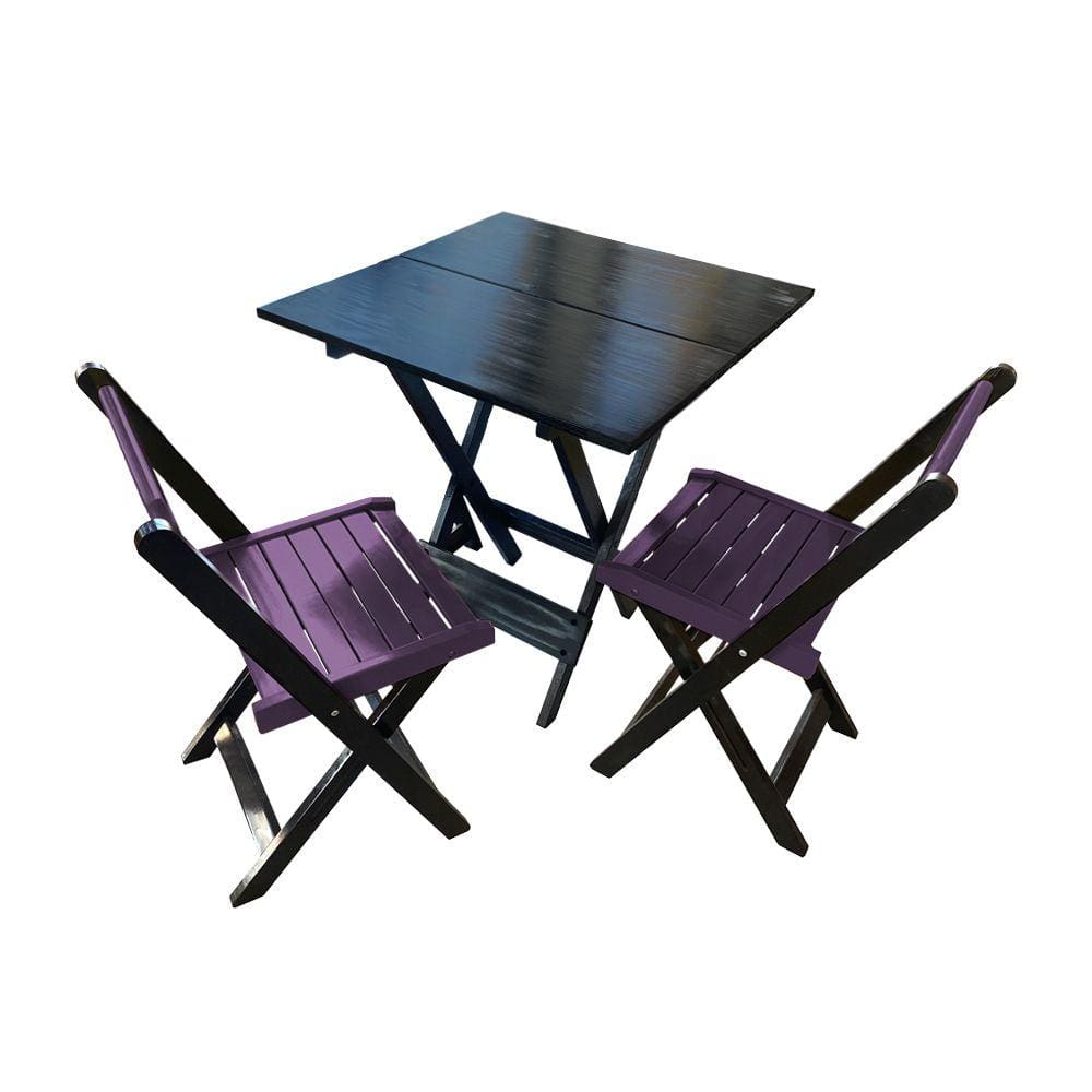 Mesa de Madeira Dobrável Preto 70x70 com 2 Cadeiras Dobráveis Roxo