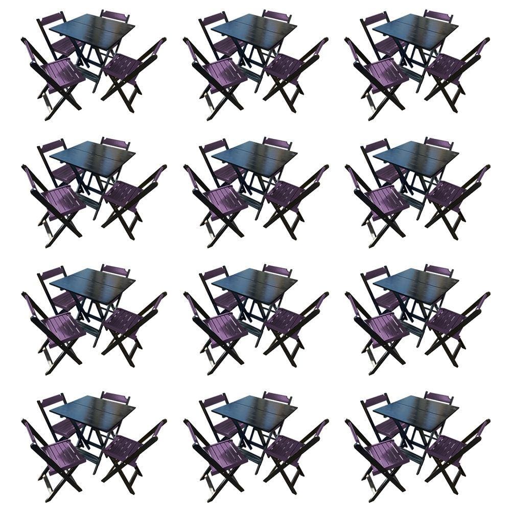 Kit 12 Mesas de Madeira Dobrável Preto 70x70 com 4 Cadeiras Dobráveis Roxo