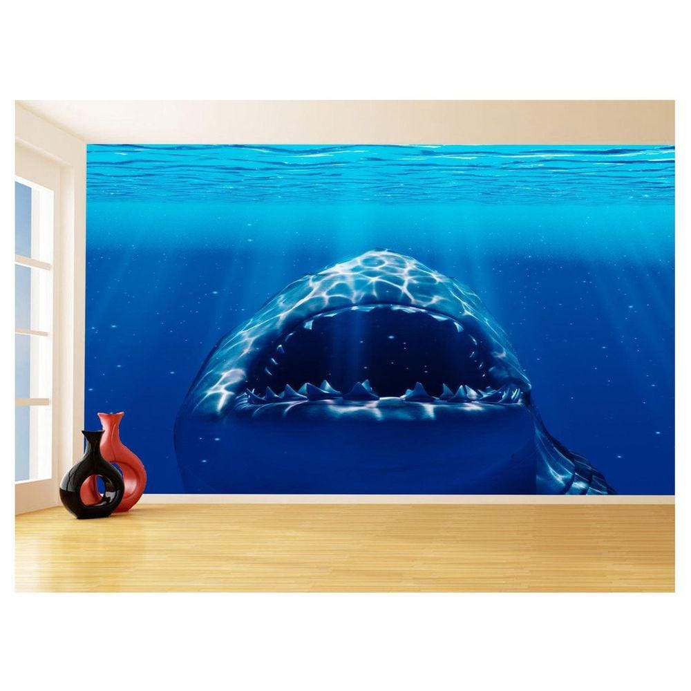 Papel De Parede 3D Fundo Do Mar Tubarão Branco 3,5M Fm116