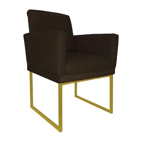 Poltrona Recepção Klara Suede Marrom Base Industrial Dourada - Vallisa Decor