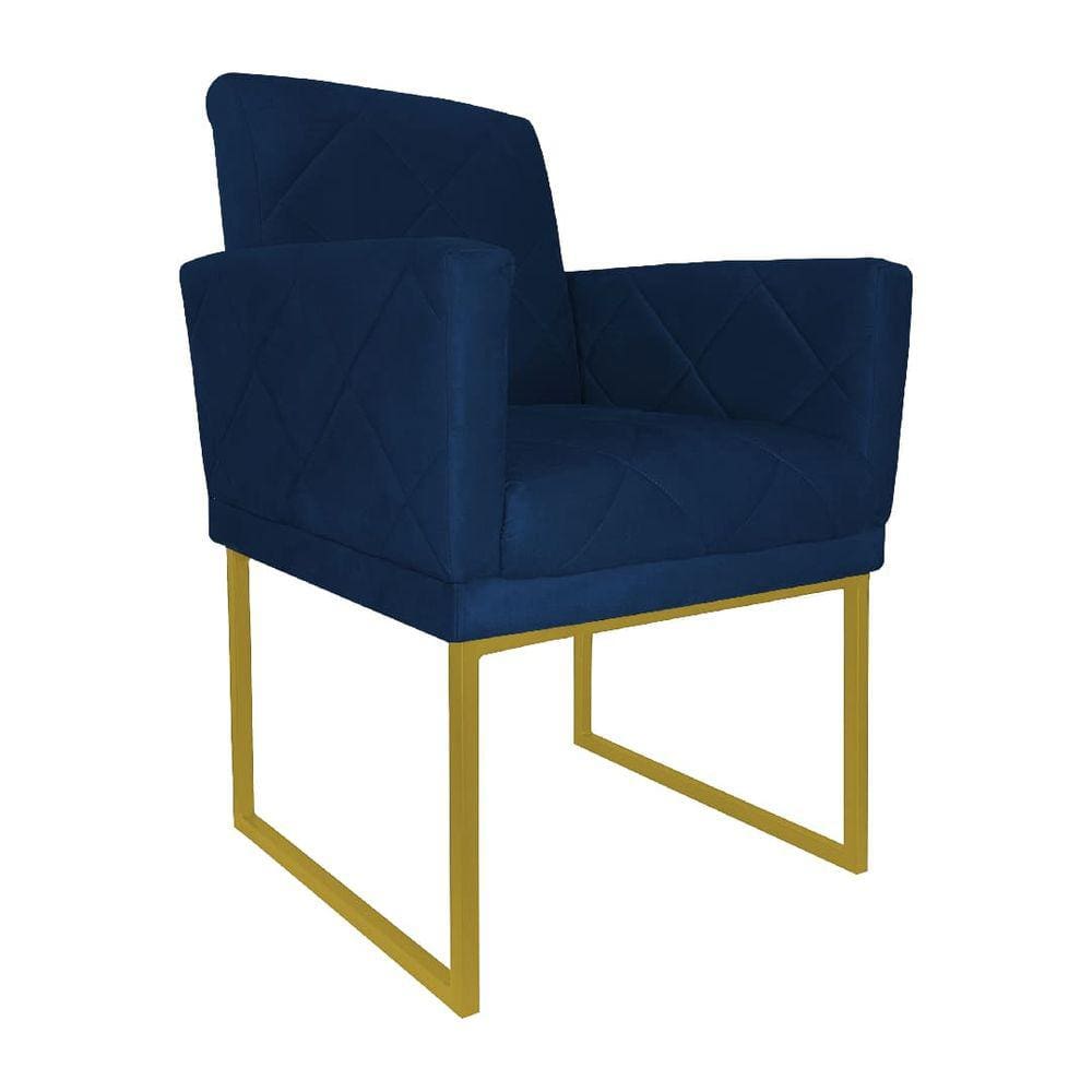 Poltrona Recepção Klara Suede Azul Marinho Base Industrial Dourada - Vallisa Decor
