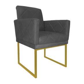 Poltrona Recepção Klara Suede Cinza Base Industrial Dourada - Vallisa Decor