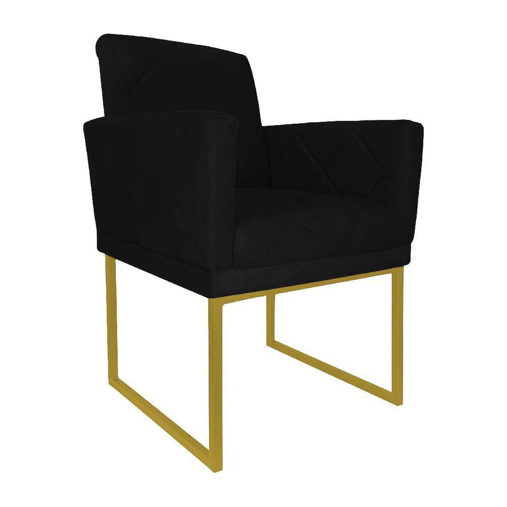 Poltrona Decorativa Klara Suede Preto Base Industrial Dourada - Vallisa Decor