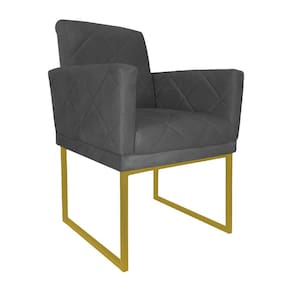 Poltrona Decorativa Klara Suede Cinza Base Metálica Dourada - Vallisa Decor