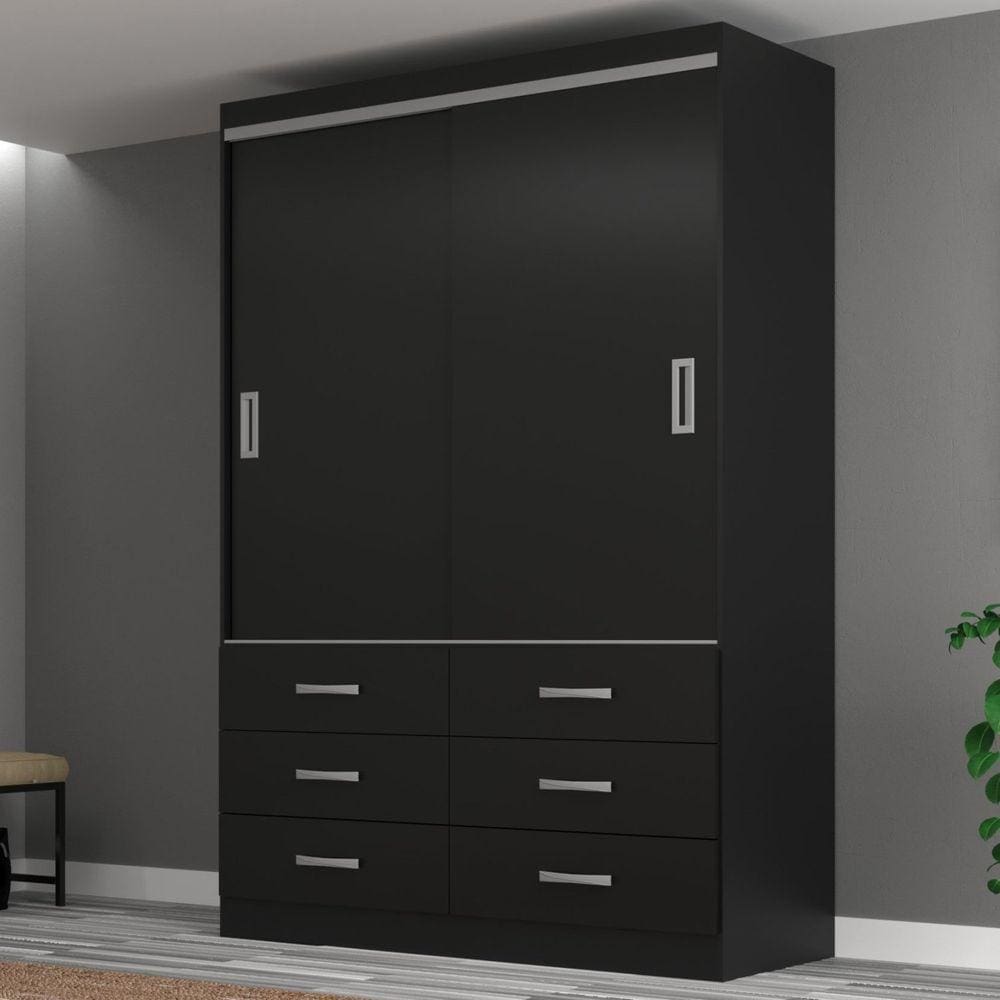 Guarda Roupa Casal 2 Portas de Correr 6 Gavetas Veneza Premium Yescasa Preto