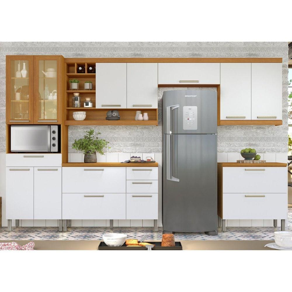 Cozinha 5 Peças Armário Geladeira Burguesa Premium 100% MDF Freijó/Branco
