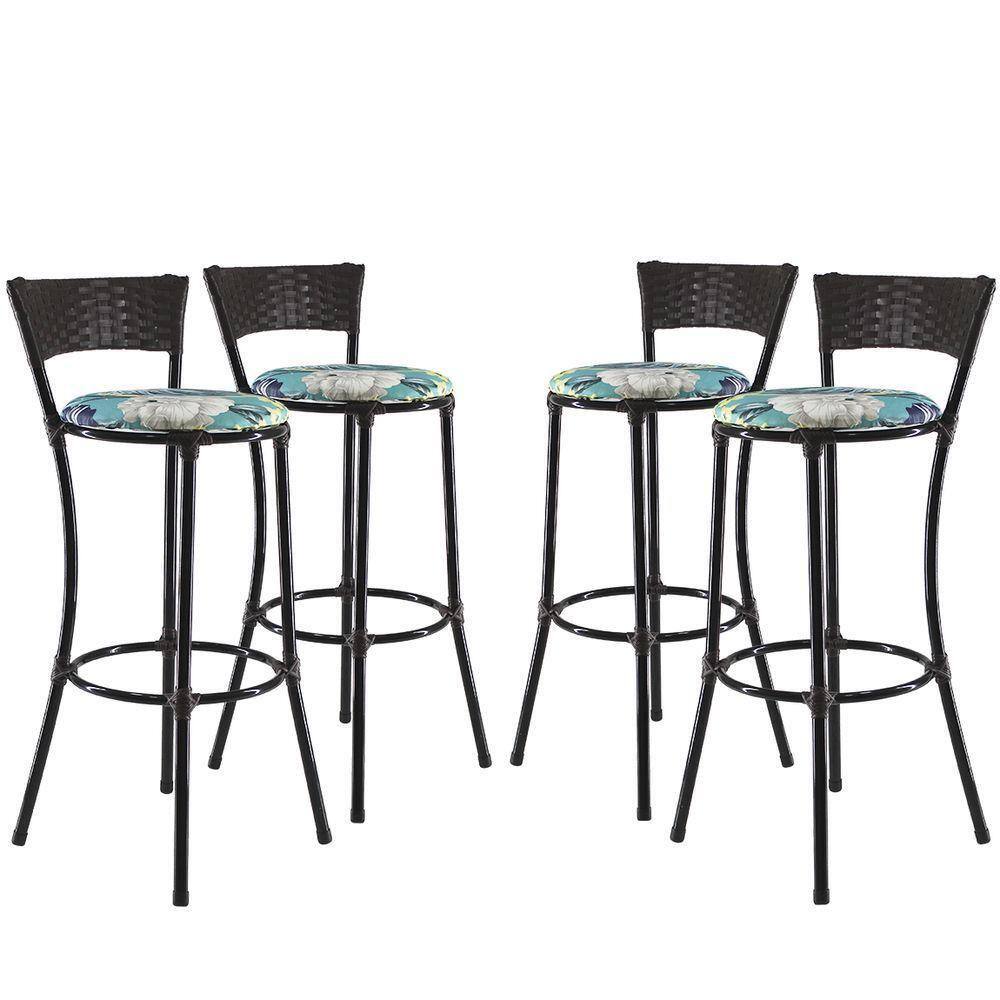Kit 4 Banquetas Alta Forts Fibra Uv Bancada, área Goumert, Bar, Piscina, Balcão, Floral Azul