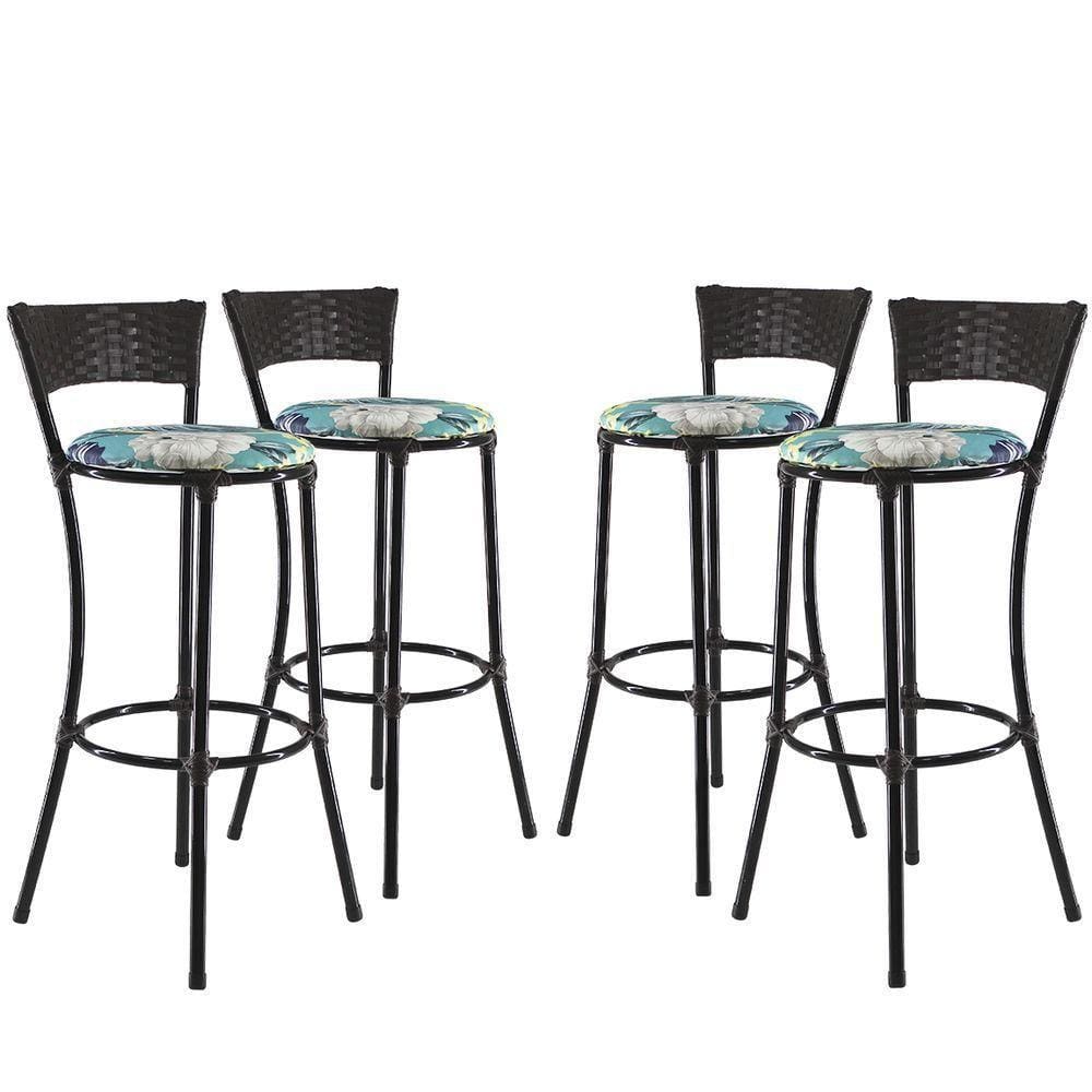 Jogo Com 4 Banquetas Altas Forts Fibra Uv Bancada, área Goumert, Bar, Piscina, Balcão, Floral Azul