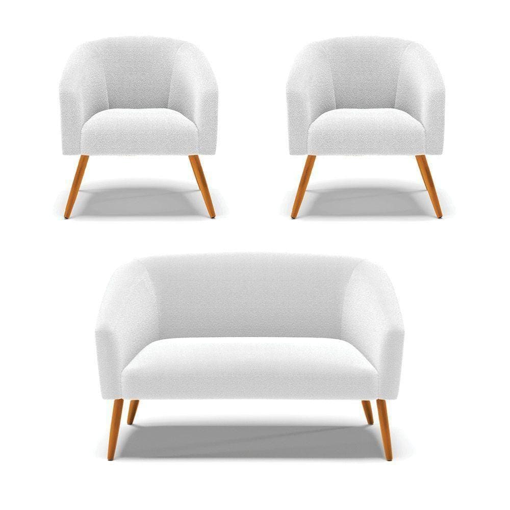 Kit 1 Sofá Namoradeira E 2 Poltronas Stella Bouclê Pés Palito Castanho D`rossi Cor Off White