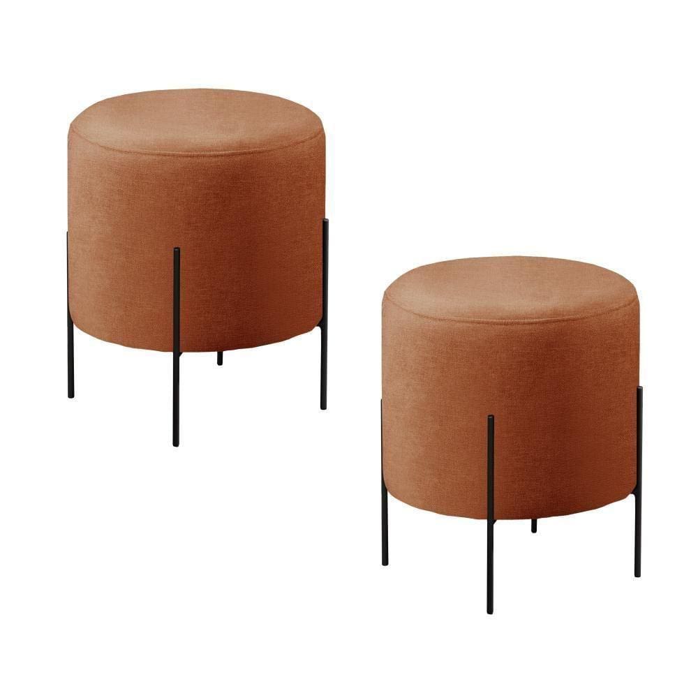Conjunto - 2 Puffs Banqueta Odim Base Metálica Preta Luxo Linho Terracota