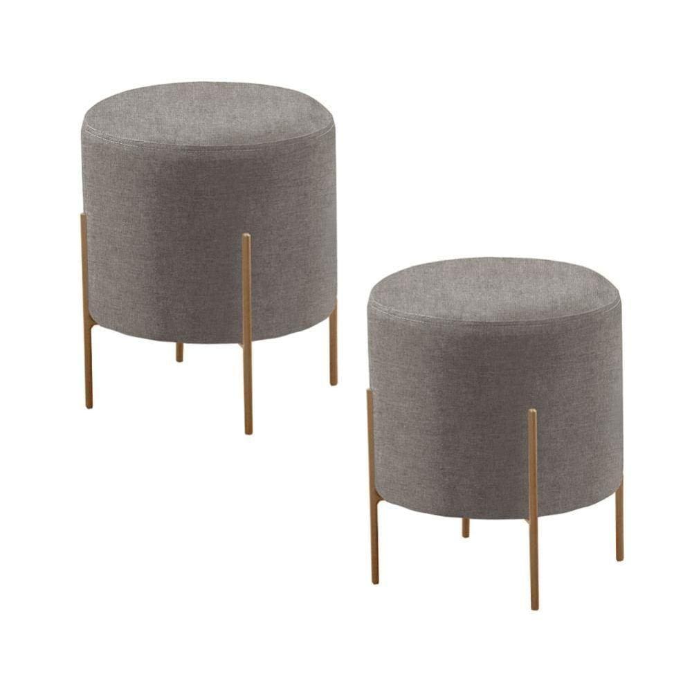 Conjunto - 2 Puff Banqueta Odim Bronze Luxo Castellar Móbile Linho Cinza