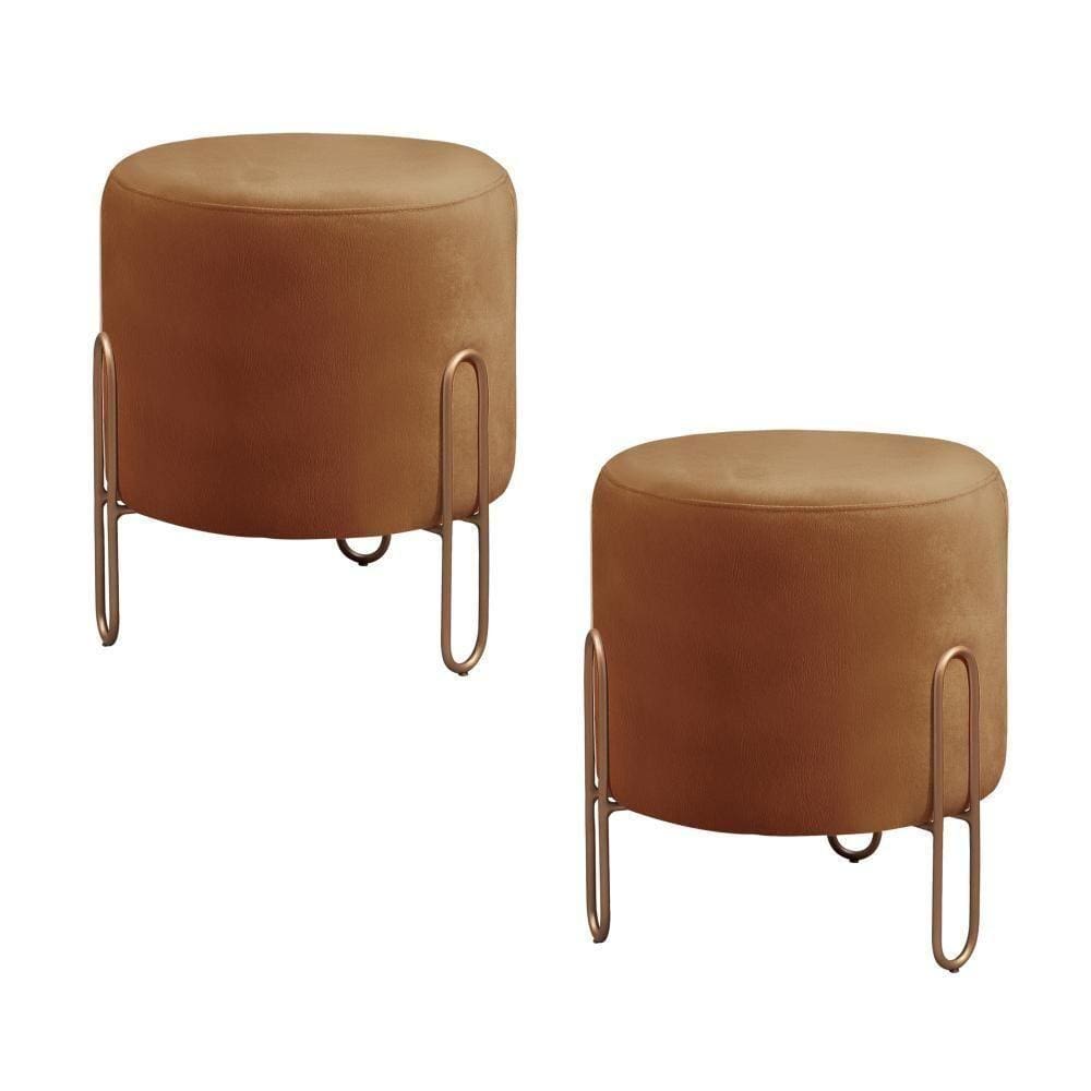Conjunto - 2 Puffs Banqueta Mali Luxo Base Metálica Bronze Corino Caramelo