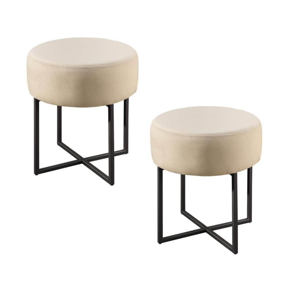 Conjunto - 2 Puffs Banqueta Otávio Base Metálica Preta Luxo Veludo Bege Claro