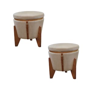 Conjunto - 2 Puffs Banqueta Fênix Baú Mesa Castellar Móbile Linho Bege