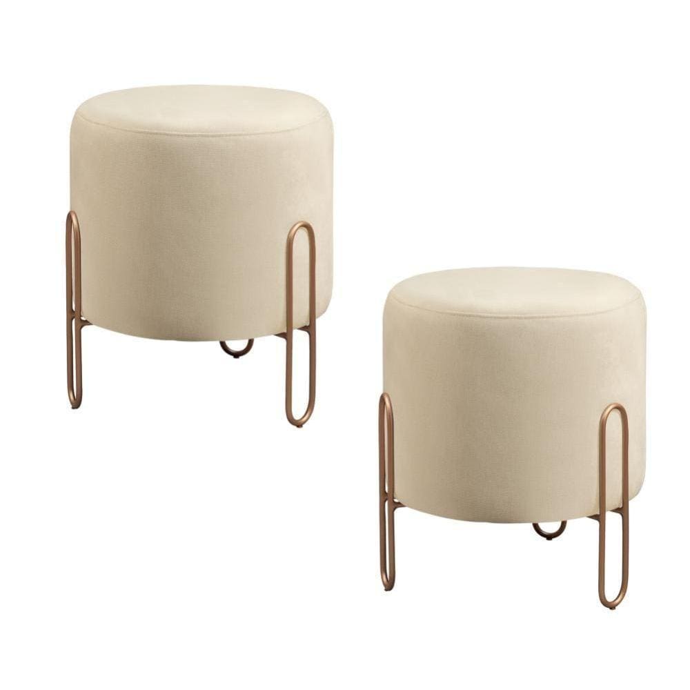 Conjunto - 2 Puffs Banqueta Mali Luxo Base Metálica Bronze Linho Bege Claro