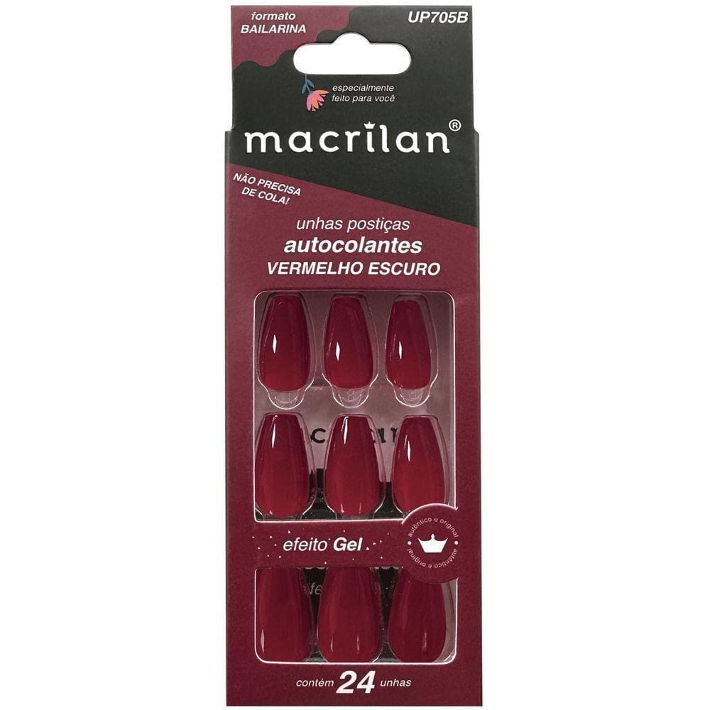 Macrilan Unhas Postiças Autocolantes Efeito Gel Vermelho Escuro Up705B (24 Unidades)