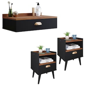 Conjunto Quarto 2 Mesas Cabeceira Retrô Mesinha Lateral Cama E Penteadeira Suspensa Organizadora Decoração Ambiente Preto/Freijó - RPM Móveis