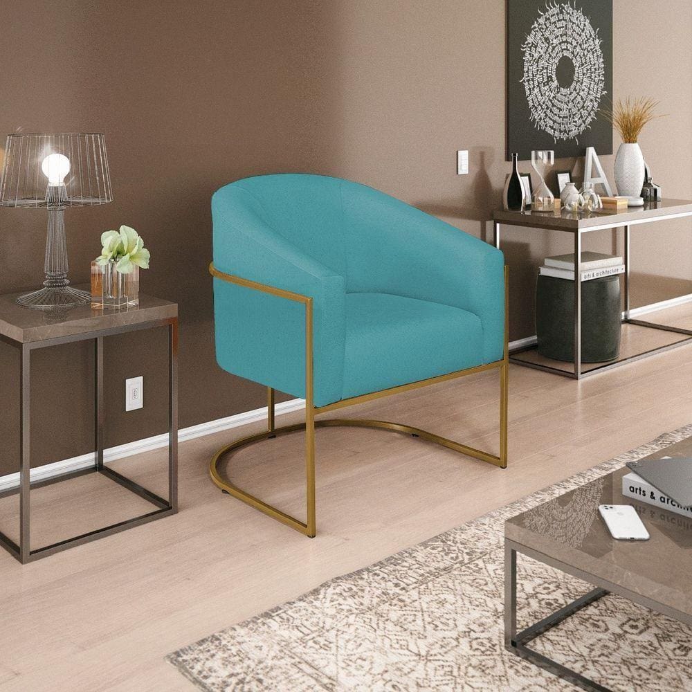 Poltrona Decorativa Luiza Base De Ferro Dourado Suede - Doce Sonho Móveis Azul Turquesa