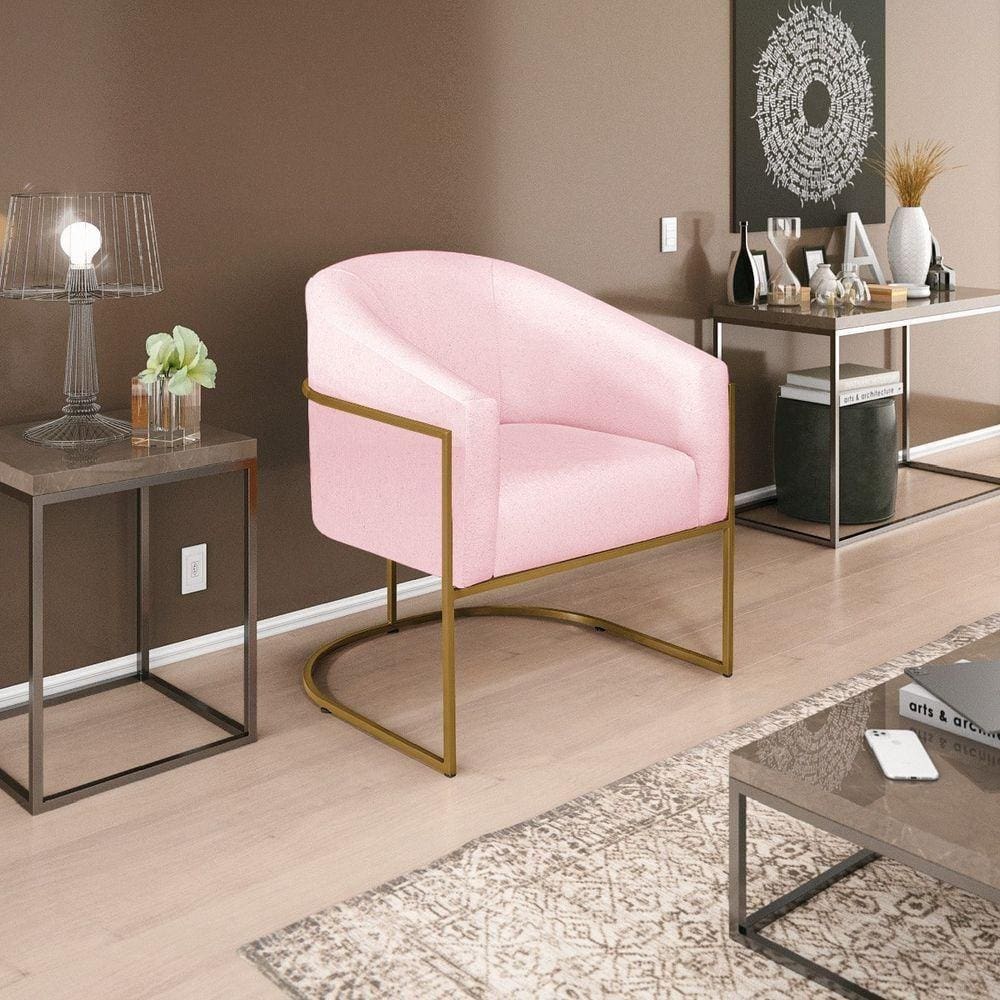 Poltrona Decorativa Luiza Base De Ferro Dourado Suede - Doce Sonho Móveis Rosa Bebê