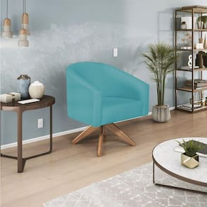 Poltrona Decorativa Luiza Base Giratória De Madeira Suede - Doce Sonho Móveis Azul Turquesa