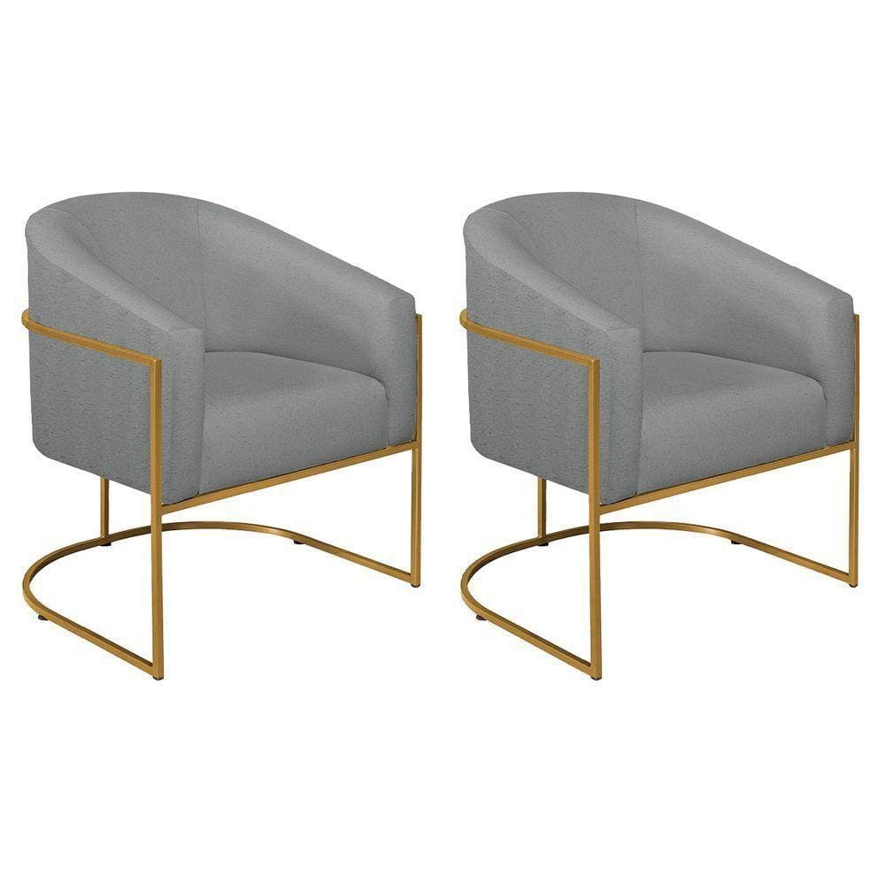 Kit 02 Poltronas Decorativas Luiza Base De Ferro Dourado Suede - Doce Sonho Móveis Cinza