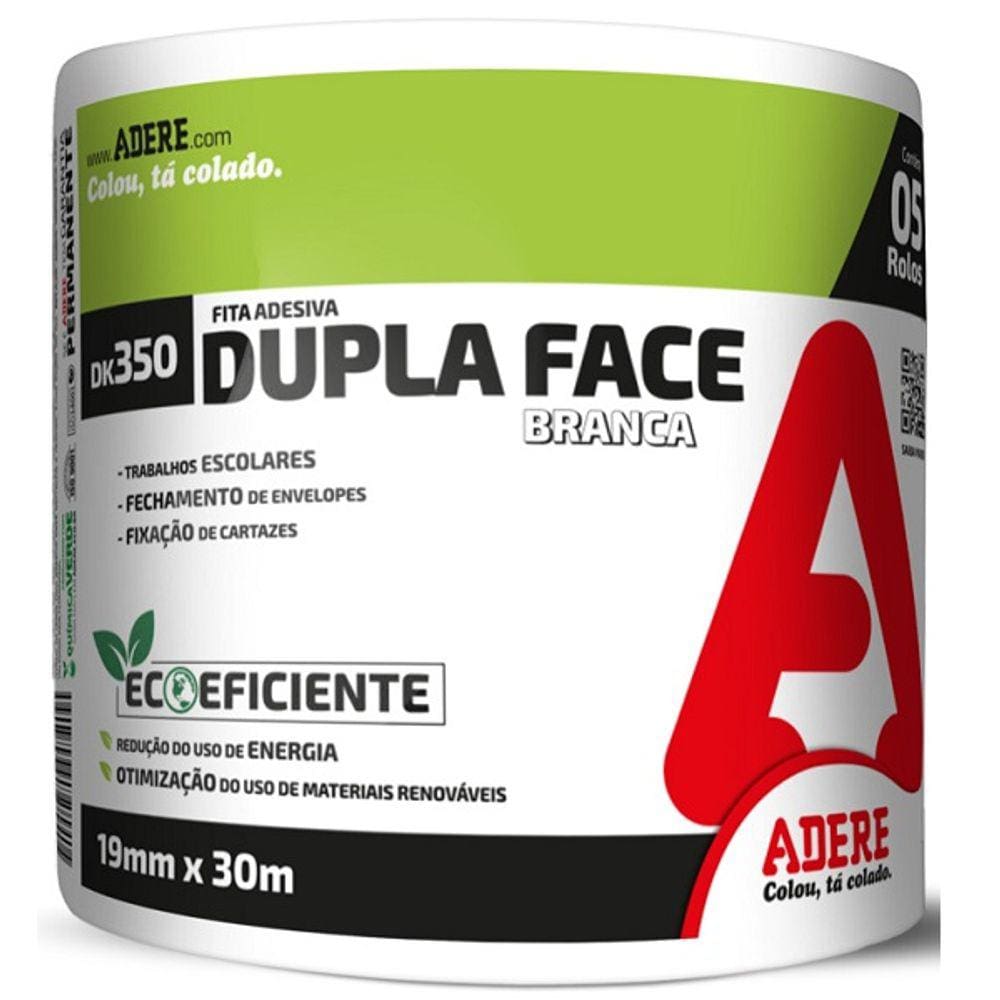 Kit 5 Fita Dupla Face de Papel Branco Adere DK350 19MM X 30M