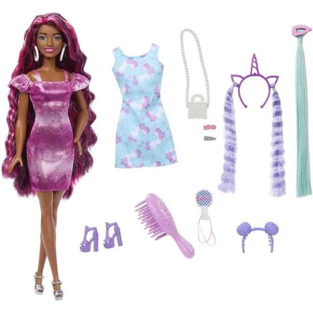 Boneca Barbie com Acessrios Totally Hair Vestido Roxo Mattel HKT95