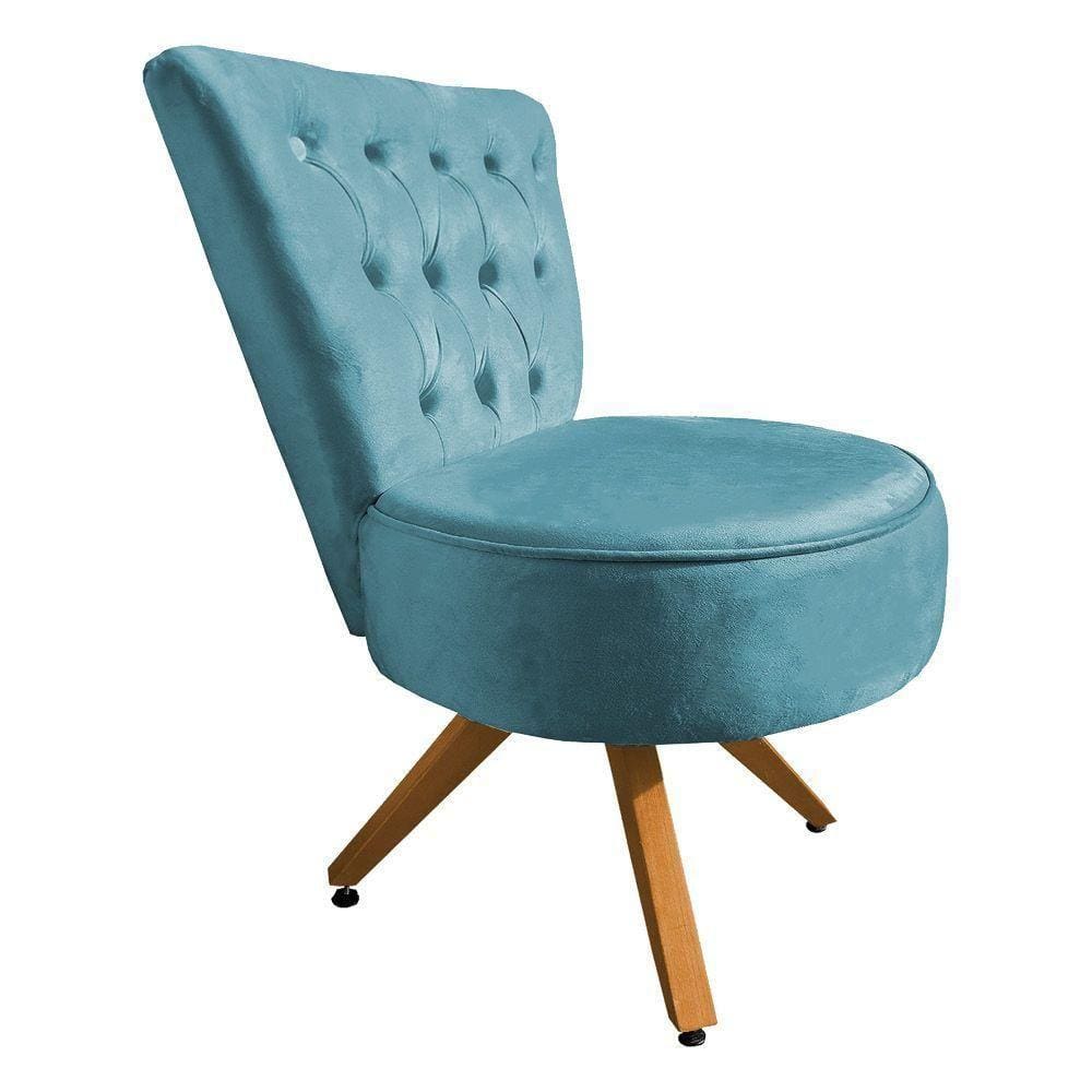 Poltrona Cadeira Capitonê Elegância Veludo Azul Turquesa Base Giratória Castanho - Pallazio