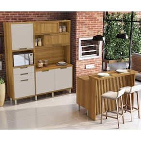 Cozinha Loft Imperatriz Com Ilha Gourm 100% Mdf Freijó/Off White