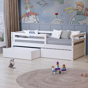 Cama Infantil Slim Com 02 Gavetas E Grade De Proteção Madeira Maciça Branco Housin