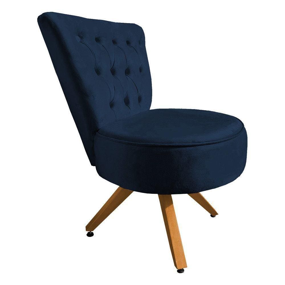 Poltrona Cadeira Capitonê Elegância Veludo Azul Marinho Base Giratória Castanho - Pallazio