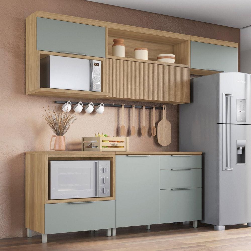 Cozinha 5 Peças 4 Portas 4 Gavetas Marquesa 100% Mdf Marrom/Verde