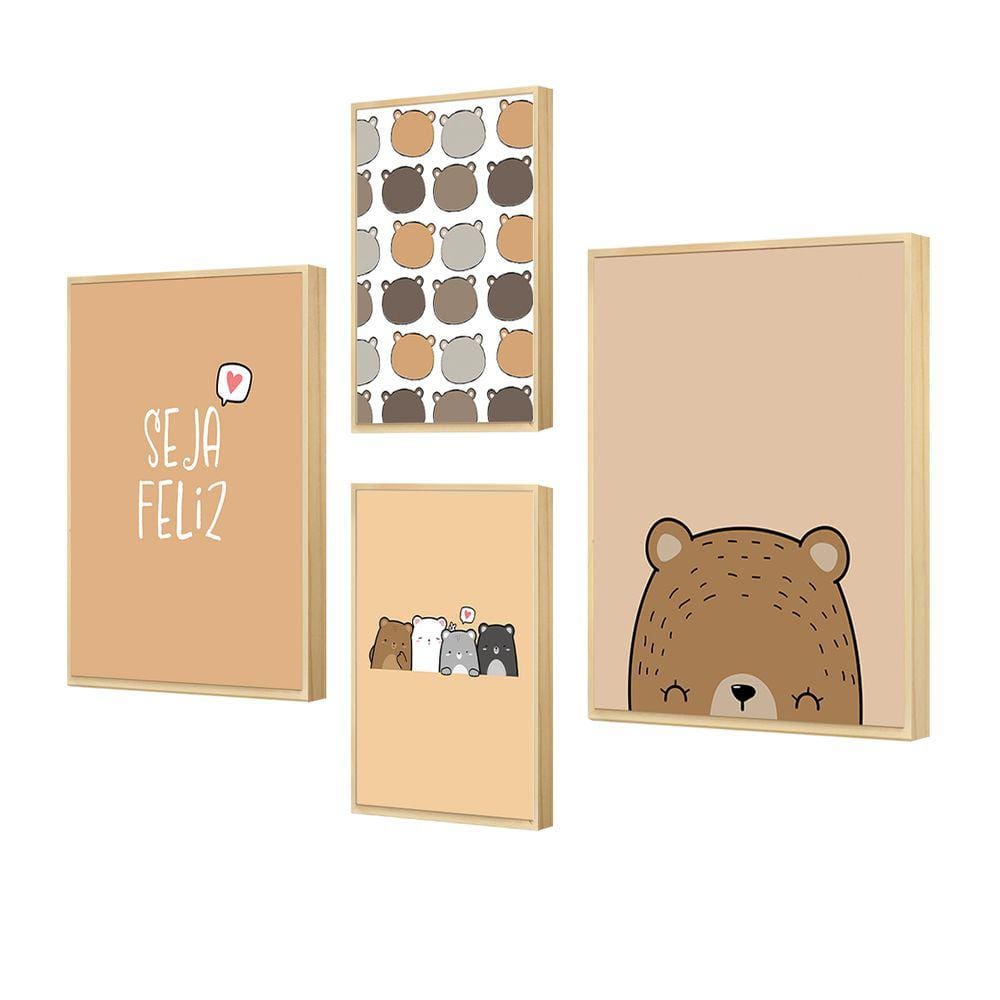 Kit 4 Quadros Decorativos Urso Marrom Bege Quarto Infantil