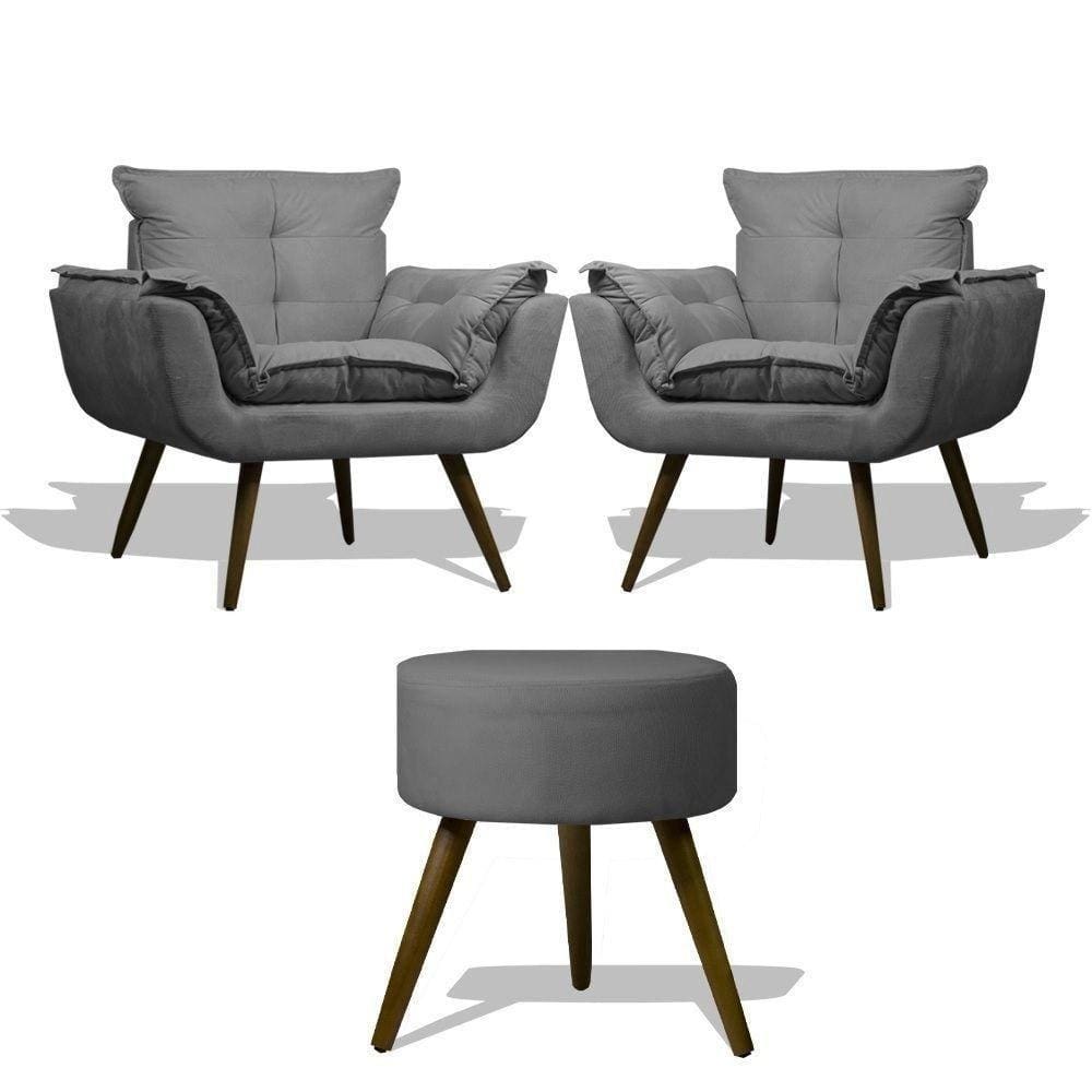 Kit 2 Poltronas Opalas Com Puff Redondo Suede Grafite