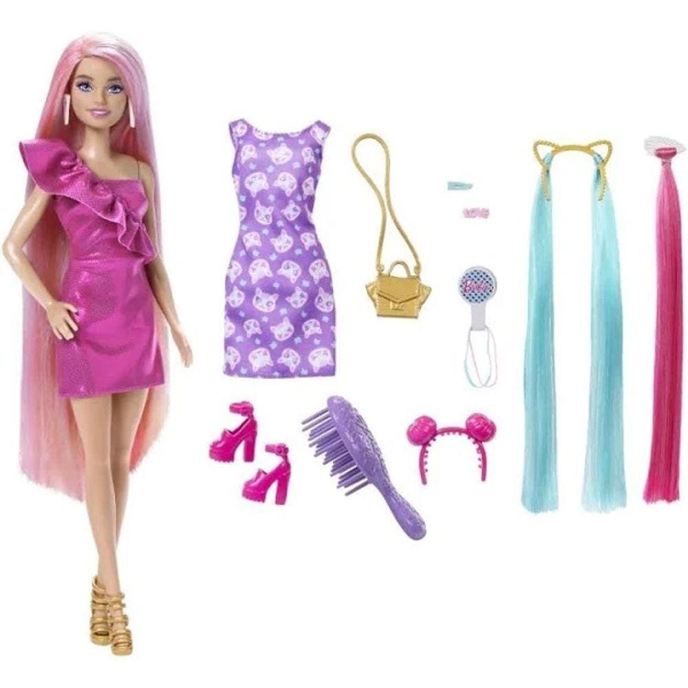 Boneca Barbie com Acessrios Totally Hair Vestido Rosa Mattel HKT95