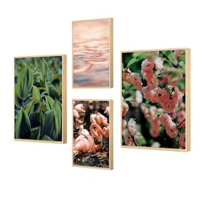 Kit 4 Quadros Paisagem Verde Rosa Natureza Folhagens Sala