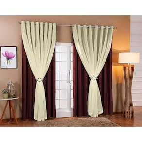 Cortina De Voil Com Forro Blackout Tecido 4,00X2,30 Sala E Quarto Marrom/Palha