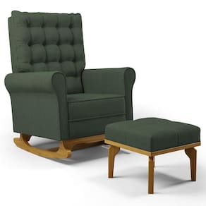 Poltrona De Amamentação Balanço E Puff Base De Madeira Brenda G05 Linho Verde - Mpozenato