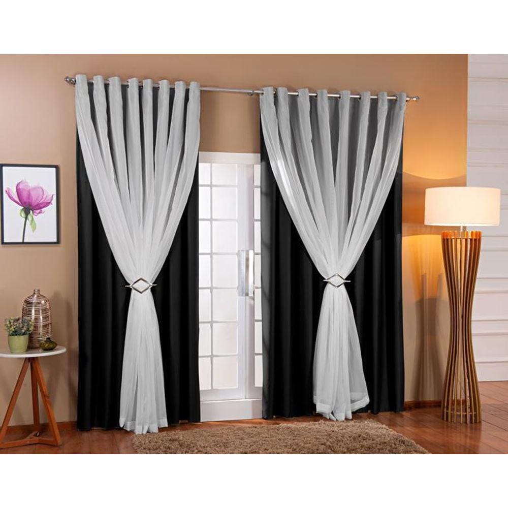 Cortina De Voil Com Forro Blackout Tecido 4,00X2,20 Sala E Quarto Preto/Branco