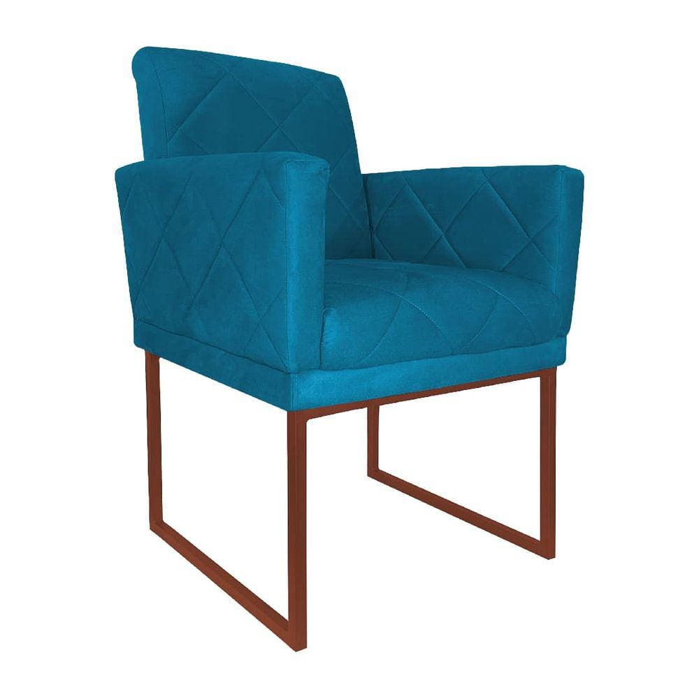 Poltrona Klara Suede Azul Turquesa Base Metálica Cobre - Vallisa Decor