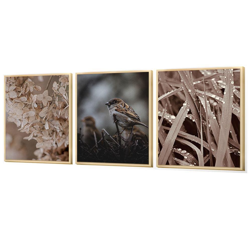 Kit 3 Quadros Decorativos Pássaro Chuva Ramos Dias Cinzentos