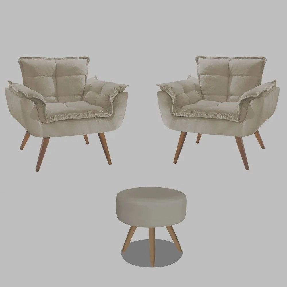 Kit 2 Poltronas Opalas Com Puff Redondo Suede Bege