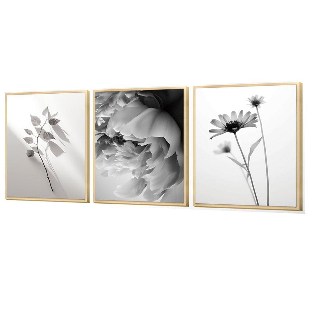 Kit 3 Quadros Decorativos Folhagens Girassol Preto e Branco