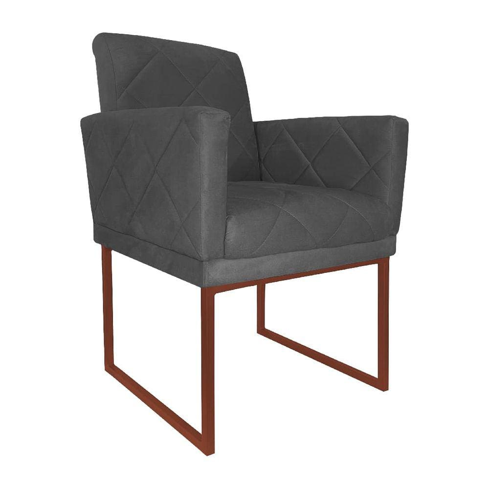 Poltrona Klara Suede Cinza Base Industrial Cobre - Vallisa Decor