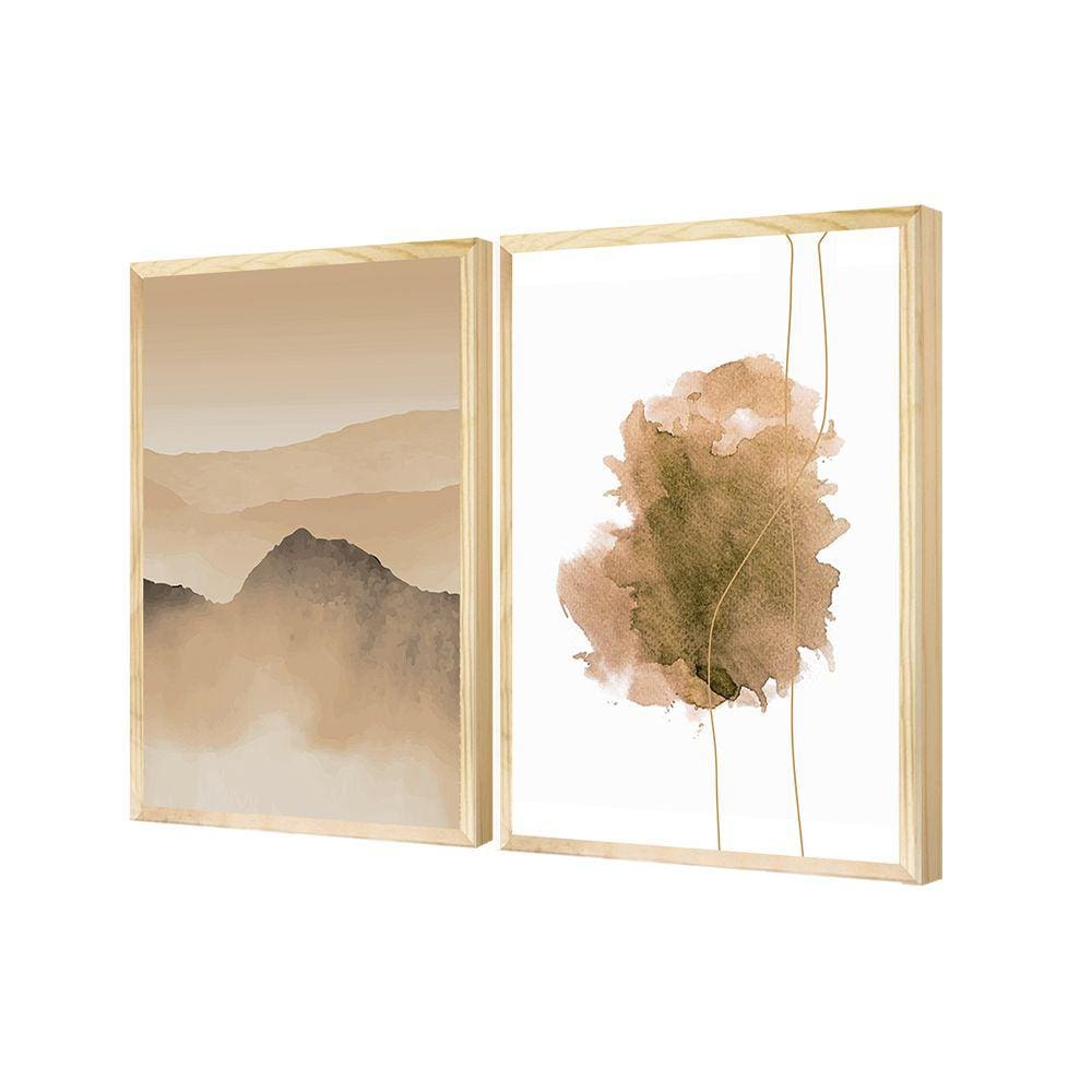 Dupla de Quadros Decorativos Montanha Boho Marrom Escritório