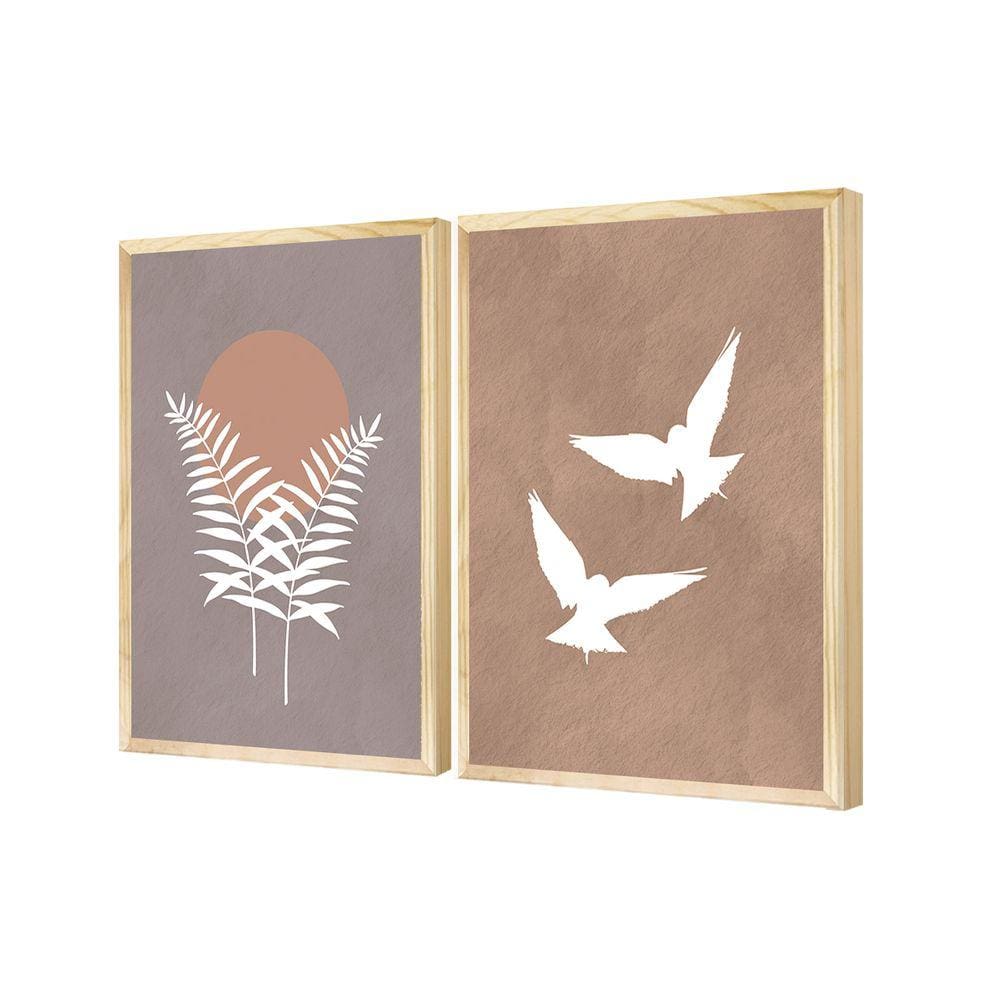 Dupla de Quadros Decorativos Paisagem Pássaro Neutro Sala