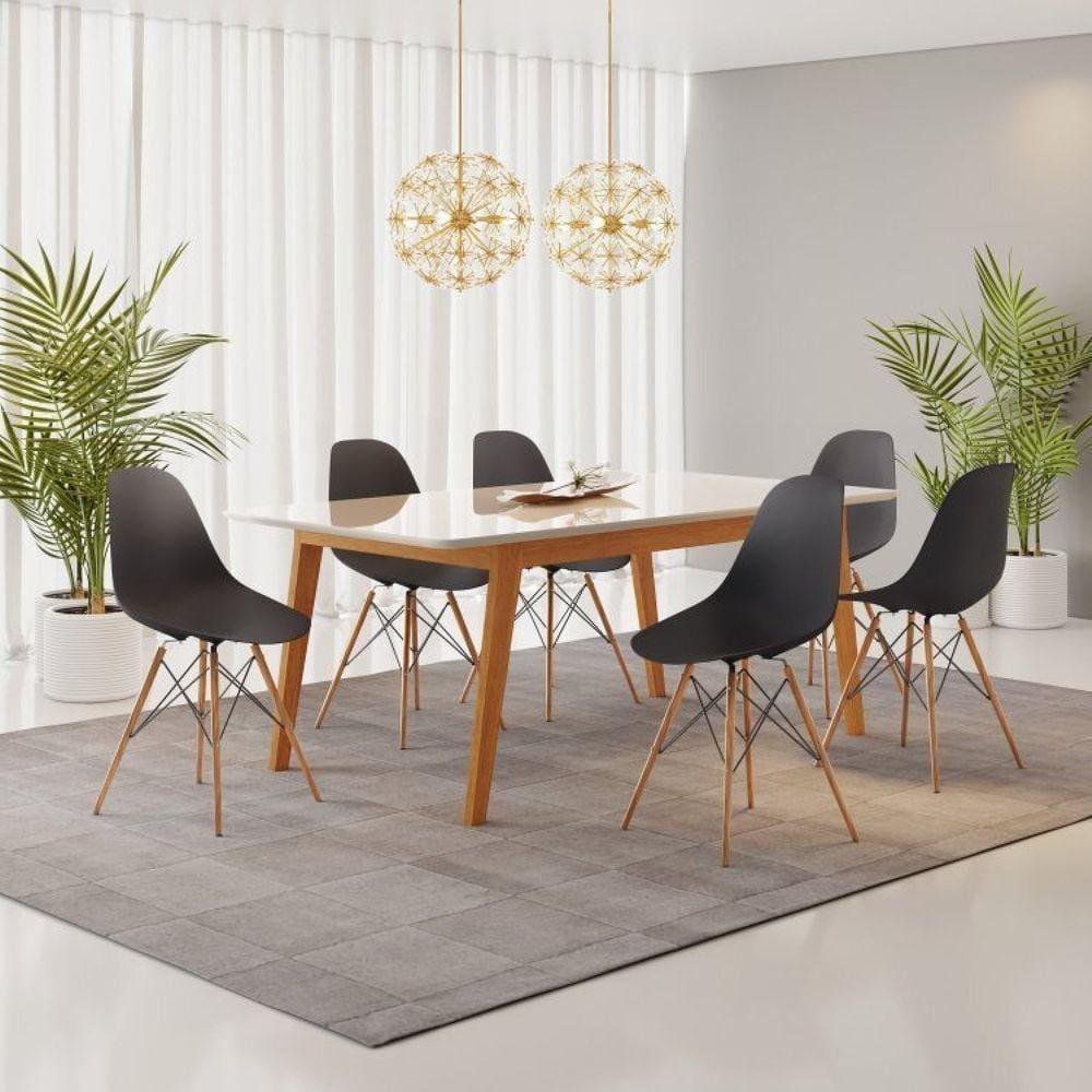 Conjunto Mesa Retangular Vidro/MDF com 6 Cadeiras Eames PP Preto/Cinamomo/Off White