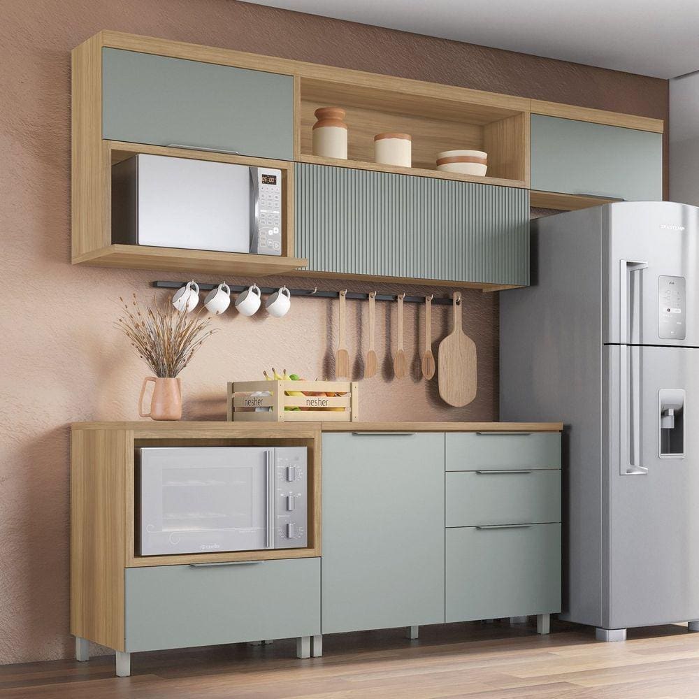 Cozinha 5 Peças 4 Portas 4 Gavetas Marquesa 100% Mdf Marrom/Verde