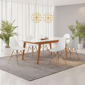 Conjunto Mesa Vidro/MDF com 6 Cadeiras Eames PP Branco/Cinamomo/Off White